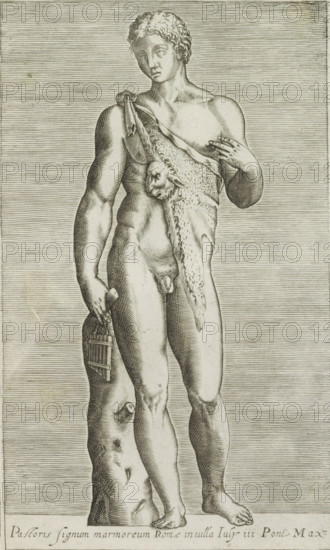 Pastoris signum marmoreum Romae inuilla Iuly iii Pont. Max, Sculpture of a shepherd, Antiquarum statuarum urbis Romae quae in publicis locis visuntur icones, Ancient sculptures in Rome, print, album page, Caption in Latin. Print is part of an album., number: '20', printmaker, publisher, Rome, Italy, paper, engraving, height 221 mm x width 134 mm, This print is part of a set of 79 prints (title print) depicting ancient sculptures in Rome., Person, Julius III, piece of sculpture, reproduction of a piece of sculpture, herding, herdsman, herdswoman, shepherd, shepherdess, cowherd, A monochrome engraved image of a standing nude male figure shown from head to feet against a background of closely spaced horizontal lines, with short curly hair and a serene facial expression; a spotted animal hide drapes diagonally across one shoulder and torso, its head hanging at the figure’s waist; one arm is relaxed at the side holding a small vertical object with parallel slats, while the opposite hand res...