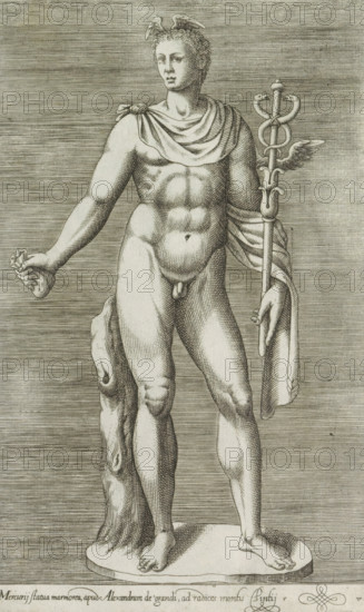 Mercury statua marmorea, apud Alexandrum de grand, Sculpture of Mercury, Ancient sculptures in Rome, Antiquarum statuarum urbis Romae quae in publicis locis visuntur icones, print, album page, Caption in Latin. Print is part of an album., number: '20', printmaker, publisher, Rome, Italy, paper, engraving, height 221 mm x width 134 mm, This print is part of a set of 79 prints (title print) depicting ancient sculptures in Rome., piece of sculpture, reproduction of a piece of sculpture, (story of) Mercury (Hermes), A monochrome engraving of a standing nude male figure on an oval base, shown from head to feet. The figure has short curly hair and wears a small winged hat, a draped cloth over one shoulder and around the back, and a cloak hanging from the arm holding a tall staff topped with entwined serpents and a small wing. The left hand holds a round object, and the right leg is slightly forward while the left leg is supported by a rough tree-trunk-like prop. Crosshatched shading creates ...
