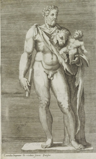 Commodus imperator in viridario summi pontificus, Sculpture of Emperor Commodus as Hercules, Antiquarum statuarum urbis Romae quae in publicis locis visuntur icones, Ancient sculptures in Rome, print, album page, Caption in Latin. Print is part of an album., number: '21', printmaker, publisher, Rome, Italy, paper, engraving, height 221 mm x width 134 mm, This print is part of a set of 79 prints (title print) depicting ancient sculptures in Rome., Person, Commodus (emperor of the Roman Empire), piece of sculpture, reproduction of a piece of sculpture, (story of) Hercules (Heracles), portrait of emperor Commodus, A monochrome engraved image of a standing male statue on a rectangular plinth, depicted nude with a cloak draped over one shoulder and wrapped around part of the body; the figure has a bearded face with wavy hair and wears a laurel wreath, one arm holds a cylindrical object while the other supports a small child seated on the forearm; a lion's head pelt drapes across the chest a...
