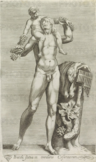 Bacchi statua in viridario Cesarinorum, Sculpture of Silenus with the young Bacchus on his shoulders, Ancient sculptures in Rome, Antiquarum statuarum urbis Romae quae in publicis locis visuntur icones, print, album page, Caption in Latin. Print is part of an album., number: '21', printmaker, publisher, Rome, Italy, paper, engraving, height 221 mm x width 134 mm, This print is part of a set of 79 prints (title print) depicting ancient sculptures in Rome., piece of sculpture, reproduction of a piece of sculpture, Bacchus brought up by satyrs, maenads and Silenus, A monochrome engraving shows a nude standing male figure with a child seated on his shoulders; the adult's head tilts slightly back with a relaxed facial expression and long wavy hair, while the child wears a garland and holds clusters of grapes in each hand. The adult supports the child with one arm while the child's legs drape over the adult's chest; the adult's other arm rests near a draped cloth and a carved support beside ...