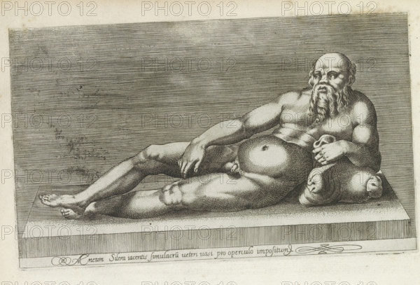 Sculpture of Silenus, Aeneam Sileni iacentis simulacrum veteri vasi pro operculo impositum, Ancient sculptures in Rome, Antiquarum statuarum urbis Romae quae in publicis locis visuntur icones, print, album page, Caption in Latin. Print is part of an album., number: '22', printmaker, publisher, Rome, Italy, paper, engraving, height 134 mm x width 222 mm, This print is part of a set of 79 prints (title print) depicting ancient sculptures in Rome., piece of sculpture, reproduction of a piece of sculpture, (story of) Silenus, A reclining male figure rendered in a detailed monochrome engraving lies on a raised rectangular platform, his muscular body shown in a relaxed pose with one arm draped along his side and the other resting on a rounded object beside him; he has a long flowing beard and a bald head, an exposed torso with a rounded abdomen, and visible hands and feet with defined toes; the background is filled with closely spaced horizontal lines, and the platform has vertical hatching ...