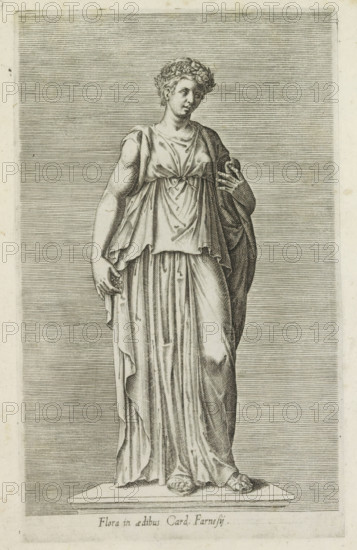 Flora in aedibus Card. Farnesij, Sculpture of Flora, Antiquarum statuarum urbis Romae quae in publicis locis visuntur icones, Ancient sculptures in Rome, print, album page, Latin caption. Print is part of an album., number: '23', printmaker, publisher, Rome, Italy, paper, engraving, height 222 mm x width 134 mm, This print is part of a set of 79 prints (title print) depicting ancient sculptures in Rome., piece of sculpture, reproduction of a piece of sculpture, (story of) Flora, A monochrome engraving of a full-length classical statue of a woman standing on a rectangular plinth, depicted wearing draped garments with flowing folds and sandals, one arm relaxed by her side and the other bent with a hand near her chest, her head adorned with a wreath of leaves and turned slightly to one side, set against a background of closely spaced horizontal lines that fill the rectangular image area.