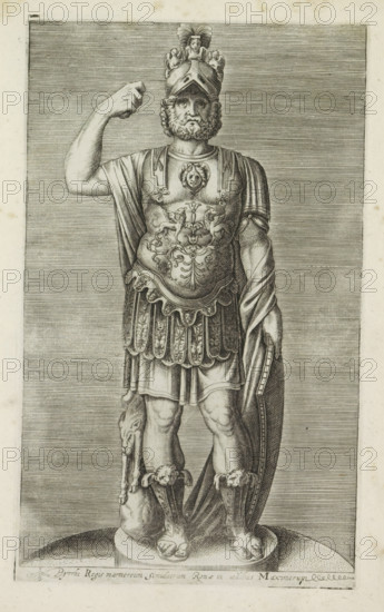 Pyrrhi regis marmoreum simulacrum Romae in aedibus Maximorum, Sculpture of Pyrrhus of Epirus as Mars, Ancient sculptures in Rome, Antiquarum statuarum urbis Romae quae in publicis locis visuntur icones, print, album page, Caption in Latin. Print is part of an album., number: '23', printmaker, publisher, Rome, Italy, paper, engraving, height 222 mm x width 134 mm, This print is part of a set of 79 prints (title print) depicting ancient sculptures in Rome. The print was made after the statue of Mars Ultor which is currently located in the Musei Capitolini (inv. Scu 58) in Rome. This statue was excavated around 1535 at the Forum Nervae and was long considered a likeness of King Pyrrhus., Person, Pyrrhus of Epirus, piece of sculpture, reproduction of a piece of sculpture, (story of) Mars (Ares), A detailed engraving of a full-length armored statue of a bearded man wearing a decorated helmet with plumes and a face framed by curly hair, one arm raised with a closed fist and the other resting...