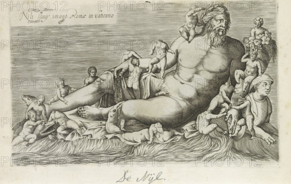 Nili fluvy imago Romae in Vaticano, Sculpture of the River Nile, Antiquarum statuarum urbis Romae quae in publicis locis visuntur icones, Ancient sculptures in Rome, print, album page, Image of the river god the Nile with attributes of a fruit horn, a sphinx, crocodiles, and little boys. Title in Latin top left. Print is part of an album., number: '24', printmaker, publisher, Rome, Italy, paper, engraving, height 134 mm x width 222 mm, After an ancient sculpture in the Vatican Museums. This print is part of a set of 79 prints (title print) depicting ancient sculptures in Rome., piece of sculpture, reproduction of a piece of sculpture, personification of river Nile, 'Nilo' (Ripa), Nile, A large reclining bearded male figure occupies the center, shown nude from the waist up with a muscular torso and draped cloth around his lower body, his head turned to one side and hair adorned with a laurel wreath. Multiple small childlike figures climb over and around the central figure, some perched ...