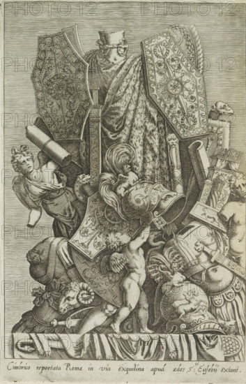Trophy of weapons and sculptures, Cimbrico reportata Romae in via exquilina apud, Antiquarum statuarum urbis Romae quae in publicis locis visuntur icones, Ancient sculptures in Rome, print, album page, Latin caption. Print is part of an album., number: '3', printmaker: Giovanni Battista de' Cavalieri, Italy, publisher: Andrea Vaccari, Rome, 1584, Giovanni Battista de' Cavalieri, Andrea Vaccari, publisher, paper, engraving, height 224 mm x width 144 mm, This print is part of a set of 79 prints (title print) depicting ancient sculptures in Rome., piece of sculpture, reproduction of a piece of sculpture, trophy, battle, war, A densely detailed engraving shows a piled arrangement of ornamental objects and figures. At the center a large draped cloak with fur trim hangs behind decorated shields and a richly patterned helmet topped with a plume. Several putti with wings climb among the armor pieces, one holding onto the helmet, another reaching upward. Sculpted busts and carved heads, includi...