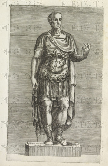 Sculpture of Emperor Julius Caesar, Antiquarum statuarum urbis Romae quae in publicis locis visuntur icones, Ancient sculptures in Rome, print, album page, Text in Latin on the base beneath the image. Print is part of an album., number: '24', printmaker, publisher, Rome, Italy, paper, engraving, height 222 mm x width 134 mm, After an ancient sculpture in the Capitoline Museums in Rome. This print is part of a set of 79 prints (title print) depicting ancient sculptures in Rome., Person, Julius Caesar, piece of sculpture, reproduction of a piece of sculpture, portrait of Caesar, A full-length engraving of a standing male figure on a rectangular plinth, shown facing forward with a turned head and a raised right hand making a loose gesture, wearing a draped cloak over a decorated breastplate and a short pleated skirt, with muscular bare legs and strapped sandals, fine engraved lines used for shading and crosshatching across the background and the figure, ornamental motifs on the cuirass an...