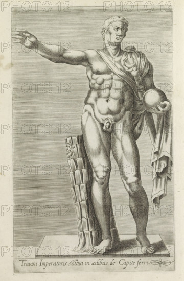 Traiani imperatoris statua in aedibus de capite ferri, Sculpture of Emperor Trajan, Ancient sculptures in Rome, Antiquarum statuarum urbis Romae quae in publicis locis visuntur icones, print, album page, Caption in Latin. Print is part of an album., number: '25', printmaker, publisher, Rome, Italy, paper, engraving, height 222 mm x width 134 mm, This print is part of a set of 79 prints (title print) depicting ancient sculptures in Rome., Person, Trajan (emperor of the Roman Empire), piece of sculpture, reproduction of a piece of sculpture, (story of) the emperor Trajan, A detailed monochrome engraving shows a classical nude male statue standing on a rectangular plinth, depicted from head to feet. The figure faces slightly to the viewer’s left with his right arm extended outward and his left arm bent, holding a spherical object and a draped cloth that falls beside his side. A diagonal strap crosses his chest, and a short cloak or mantle is gathered over one shoulder. Muscular anatomy is...