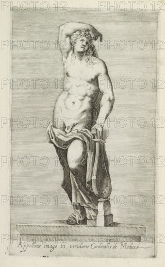 Appollinis imago in viridario cardinalis de Medicis, Sculpture of Apollo, Ancient sculptures in Rome, Antiquarum statuarum urbis Romae quae in publicis locis visuntur icones, print, album page, Caption in Latin. Print is part of an album., number: '25', printmaker, publisher, Rome, Italy, paper, engraving, height 222 mm x width 134 mm, This print is part of a set of 79 prints (title print) depicting ancient sculptures in Rome., piece of sculpture, reproduction of a piece of sculpture, (story of) Apollo (Phoebus), A grayscale engraving of a classical male statue standing on a rectangular plinth, shown nearly full-length and slightly turned to one side, with one arm raised and bent behind the head and the other arm resting on a tall, curved object beside the figure; the statue is draped with a cloth around the hips and thigh, revealing a muscular torso and curly hair falling to the shoulders, and the feet are positioned on an ornate base with carved details, all set against a background ...