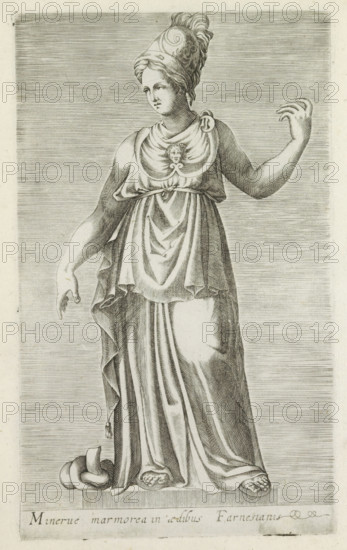 Sculpture of Minerva, Minerve marmorea in aedibus Farnesianis, Antiquarum statuarum urbis Romae quae in publicis locis visuntur icones, Ancient sculptures in Rome, print, album page, Caption in Latin. Print is part of an album., number: '26', printmaker, publisher, Rome, Italy, paper, engraving, height 222 mm x width 134 mm, This print is part of a set of 79 prints (title print) depicting ancient sculptures in Rome., piece of sculpture, reproduction of a piece of sculpture, (story of) Minerva (Pallas, Athena), A monochrome engraved image of a standing female figure wearing a long draped garment and a helmet-like headpiece, with hair visible beneath the headpiece and a serene facial expression; the garment includes layered folds and a decorative pendant at the chest showing a small face, the figure’s left arm is raised with the hand open and fingers slightly curved while the right arm hangs downward with the hand relaxed, the drapery falls to her feet which rest on a rectangular base, a...
