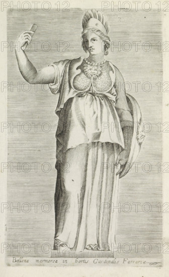 Sculpture of Bellona, Bellona marmorea in hortis cardinalis Farrariae, Ancient sculptures in Rome, Antiquarum statuarum urbis Romae quae in publicis locis visuntur icones, print, album page, Caption in Latin. Print is part of an album., number: '26', printmaker, publisher, Rome, Italy, paper, engraving, height 222 mm x width 134 mm, This print is part of a set of 79 prints (title print) depicting ancient sculptures in Rome., piece of sculpture, reproduction of a piece of sculpture, Bellona (Enyo), A grayscale engraving of a standing female figure wearing a crested helmet and draped garments, with a decorated breastplate featuring a stylized face and scale-like pattern; her left arm is raised holding a small rectangular object, her right arm rests at her side and supports a round shield with a carved face on its rim; the figure stands on a plinth with visible folds and vertical lines in the skirt, and the background is filled with closely spaced horizontal lines.