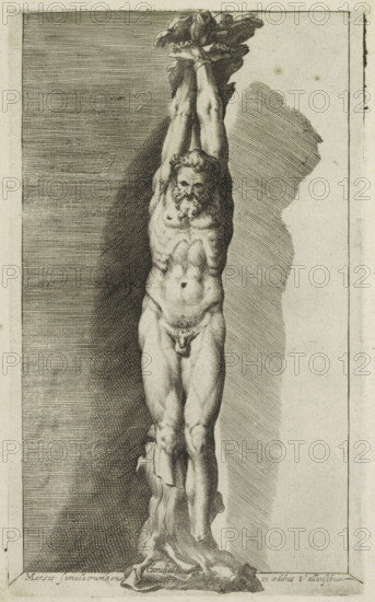 Marsia simulacrum Roma, Sculpture of Marsyas, Ancient sculptures in Rome, Antiquarum statuarum urbis Romae quae in publicis locis visuntur icones, print, album page, Caption in Latin. Print is part of an album., number: '27', printmaker, publisher, Rome, Italy, paper, engraving, height 220 mm x width 134 mm, After an ancient statue in the Musée du Louvre in Paris. This print is part of a set of 79 prints (title print) depicting ancient sculptures in Rome., piece of sculpture, reproduction of a piece of sculpture, (story of) Marsyas, A monochrome engraving of a nude male figure standing upright with arms extended above his head and hands bound to a rough vertical support, showing a bearded face with closed or downward gaze, pronounced musculature in chest and abdomen, and visible genitalia; the figure casts a shadow to one side and stands on a rocky or textured base, with hatched background shading filling the surrounding rectangular frame.