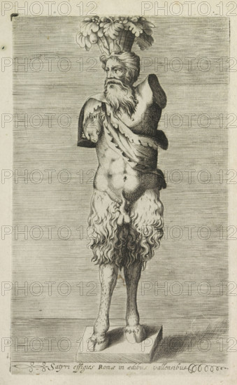 Sculpture of a satyr, Satyri effigies Romae in aedibus vallensibus, Antiquarum statuarum urbis Romae quae in publicis locis visuntur icones, Ancient sculptures in Rome, print, album page, Caption in Latin. Print is part of an album., number: '27', printmaker, publisher, Rome, Italy, paper, engraving, height 220 mm x width 134 mm, This print is part of a set of 79 prints (title print) depicting ancient sculptures in Rome., piece of sculpture, reproduction of a piece of sculpture, satyr(s) (in general), A grayscale engraving of a statue-like figure standing on a rectangular base with a humanoid upper body and animal-like lower legs and hooves, the figure having a bearded face with long hair and a leafy or floral headdress, a draped cloth across the shoulder and torso, muscular upper body with missing arms at the shoulders, a furry or shaggy texture covering the hips and upper legs, slender lower legs ending in cloven hooves, and a finely lined background creating a horizontal striped pat...