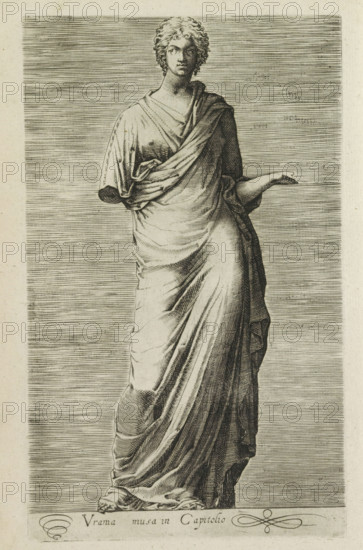 Urania musa in Capitolio, Sculpture of Urania, muse of astronomy, Antiquarum statuarum urbis Romae quae in publicis locis visuntur icones, Ancient sculptures in Rome, print, album page, Caption in Latin. Print is part of an album., number: '28', printmaker, publisher, Rome, Italy, paper, engraving, height 220 mm x width 134 mm, This print is part of a set of 79 prints (title print) depicting ancient sculptures in Rome., piece of sculpture, reproduction of a piece of sculpture, Urania (one of the Muses), 'Urania' (Ripa), A monochrome engraving of a standing classical statue draped in flowing robes with detailed folds, showing a frontal view from head to feet; the figure has curly hair, a neutral facial expression, one arm bent and partly concealed by the robe while the other arm extends outward with an open hand, and the background consists of fine horizontal lines.