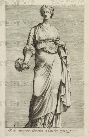 Sculpture of Thaleia, Muse of Comedy, Musa representans commediam in Capitolio, Ancient sculptures in Rome, Antiquarum statuarum urbis Romae quae in publicis locis visuntur icones, print, album page, Caption in Latin. Print is part of an album., number: '28', printmaker, publisher, Rome, Italy, paper, engraving, height 220 mm x width 134 mm, This print is part of a set of 79 prints (title print) depicting ancient sculptures in Rome., piece of sculpture, reproduction of a piece of sculpture, Thalia (one of the Muses), 'Talia' (Ripa), A monochrome engraving shows a full-length statue of a robed female figure standing on a rectangular plinth, wearing draped garments with detailed folds and a tied sash at the waist; one arm hangs down and holds a sculpted head with curly hair, while the other arm is bent with the hand resting near the chest, fingers visible; the figure has short curly hair, a serene facial expression, and bare feet visible beneath the flowing robes; the background consists...