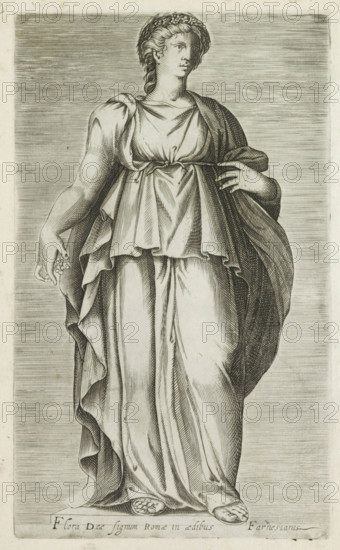 Sculpture of Flora, Flora deae signum Romae in aedibus Farnesianis, Ancient sculptures in Rome, Antiquarum statuarum urbis Romae quae in publicis locis visuntur icones, print, album page, Caption in Latin. Print is part of an album., number: '29', printmaker, publisher, Rome, Italy, paper, engraving, height 225 mm x width 134 mm, This print is part of a set of 79 prints (title print) depicting ancient sculptures in Rome., piece of sculpture, reproduction of a piece of sculpture, (story of) Flora, A monochrome engraving of a standing draped female figure wearing a flowing gown and a cloak, with a braided hairstyle and a wreath on her head; one arm is bent with the hand resting near her waist while the other arm hangs down holding a small cluster of round objects; detailed linear shading defines the folds of the garments and the contours of the body, and the figure stands on a plinth with part of the base and carved decoration visible.