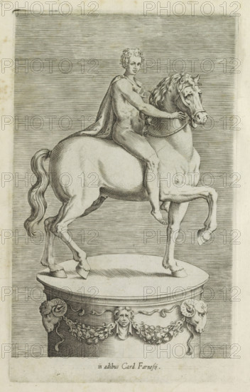 Sculpture of a naked boy on a horse, Antiquarum statuarum urbis Romae quae in publicis locis visuntur icones, Ancient sculptures in Rome, print, album page, Caption in Latin. Print is part of an album., number: '5', printmaker, publisher, Rome, Italy, paper, engraving, height 224 mm x width 144 mm, After a statue found near Rome in the sixteenth century. From 1652 the statue stood in Palazzo Farnese. Today it is in the British Museum in London. This print is part of a set of 79 prints (title print) depicting ancient sculptures in Rome., piece of sculpture, reproduction of a piece of sculpture, equestrian state-portrait, A detailed engraved image of a nude male figure seated astride a rearing horse on a round pedestal; the man faces forward with a draped cloth over one shoulder, one arm extended to hold the horse’s bridle, and curly hair framing his head, while the horse lifts one front leg, displays a long flowing mane and tail, and wears a bridle with visible straps and fittings; the ...