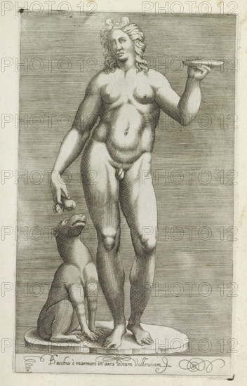 Bacchus è marmore in area aedium Vallensium, Sculpture of Bacchus and a dog, Antiquarum statuarum urbis Romae quae in publicis locis visuntur icones, Ancient sculptures in Rome, print, album page, Caption in Latin. Print is part of an album., number: '29', printmaker, publisher, Rome, Italy, paper, engraving, height 225 mm x width 135 mm, This print is part of a set of 79 prints (title print) depicting ancient sculptures in Rome., piece of sculpture, reproduction of a piece of sculpture, dog, (story of) Bacchus (Dionysus), Liber, A grayscale engraving of a nude standing figure with long wavy hair, shown full front on a raised oval base, holding a shallow dish in one hand and a pair of small round objects in the other; a seated animal with a rounded head and open mouth sits beside the figure on the base, looking upward; the figures are rendered with fine parallel hatching for shading and stand against a background of horizontal lines, with decorative flourishes visible along the lower e...