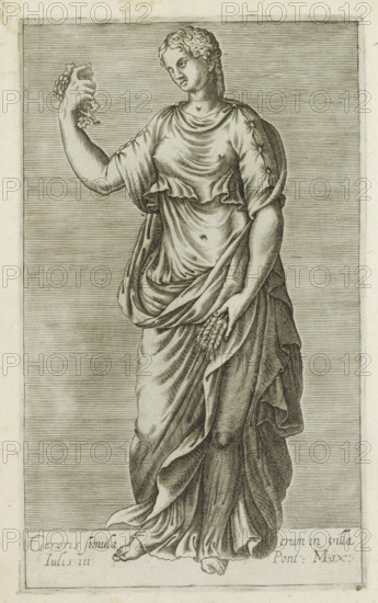 Sculpture of Ceres, Cereris simulacrum in villa Iulis iiii Pont. Max., Antiquarum statuarum urbis Romae quae in publicis locis visuntur icones, Ancient sculptures in Rome, print, album page, Caption in Latin. Print is part of an album., number: '30', printmaker, publisher, Rome, Italy, paper, engraving, height 225 mm x width 135 mm, This print is part of a set of 79 prints (title print) depicting ancient sculptures in Rome., Person, Julius III, piece of sculpture, reproduction of a piece of sculpture, (story of) Ceres (Demeter), A monochrome engraving of a draped female figure standing within a bordered panel, shown from head to feet. She has wavy hair pulled back and a serene facial expression, her head tilted slightly to one side. One arm is raised holding a small clustered object, the other hand rests near her hip holding a sheaf of grains. Her clothing consists of layered flowing robes with detailed folds and gathered sleeves fastened at the shoulders. The background behind her is ...