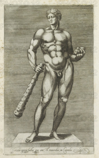 Sculpture of Hercules, Hercules egregie factus ex aere & inauratus, in Capitolo, Hercules of the Forum Boarium, Antiquarum statuarum urbis Romae quae in publicis locis visuntur icones, Ancient sculptures in Rome, print, album page, Caption in Latin. Print is part of an album., number: '31', printmaker, publisher, Rome, Italy, paper, engraving, height 225 mm x width 135 mm, After an ancient statue in the Capitoline Museums in Rome. The statue is known as the Hercules of the Forum Boarium. This print is part of a set of 79 prints (title print) depicting ancient sculptures in Rome., piece of sculpture, reproduction of a piece of sculpture, (story of) Hercules (Heracles), A grayscale engraving of a standing nude male figure on a rectangular plinth, shown from head to feet and facing slightly to the viewer's left, with curly hair and a composed facial expression; the figure displays detailed musculature across chest, abdomen, arms, and legs, and holds a club-like object in one hand while th...
