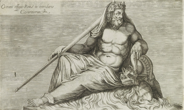 Oceani effigies Romae in viridario Cesarinorum, Sculpture of Oceanus, Ancient sculptures in Rome, Antiquarum statuarum urbis Romae quae in publicis locis visuntur icones, print, album page, Title in Latin top left. Print is part of an album., number: '32', printmaker, publisher, Rome, Italy, paper, engraving, height 134 mm x width 224 mm, This print is part of a set of 79 prints (title print) depicting ancient sculptures in Rome., piece of sculpture, reproduction of a piece of sculpture, (story of) Oceanus, A seated bearded male figure draped in cloth reclines with a cloth covering his head and a long staff resting across his lap, his torso exposed showing musculature and a relaxed posture, one hand grasping the staff and the other resting on a coiled object beside him, a grotesque animal head lies near his thigh, flowing textured lines beneath suggest stylized waves or hair, and the background is filled with closely spaced horizontal lines.