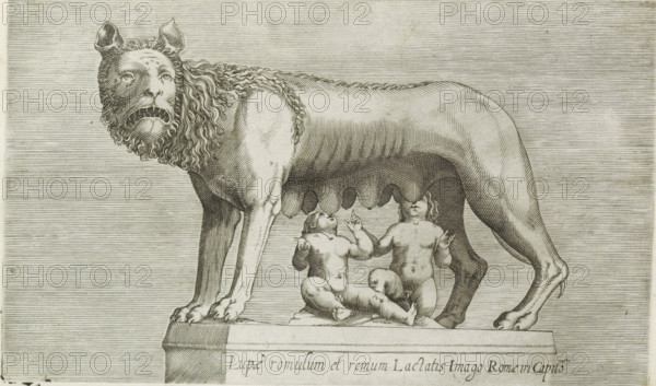 Sculpture of the Lupa Capitolina suckling the twins Romulus and Remus, Lupae Romulum et Remum lactatis image Romae in Capito, Antique sculptures in Rome, Antiquarum statuarum urbis Romae quae in publicis locis visuntur icones, print, album page, Caption in Latin. Print is part of an album., number: '32', printmaker, publisher, Rome, Italy, paper, engraving, height 134 mm x width 224 mm, After an image in the Capitoline Museums in Rome. This print is part of a set of 79 prints (title print) with representations of ancient sculptures in Rome., piece of sculpture, reproduction of a piece of sculpture, Romulus and Remus are washed ashore and suckled by a she-wolf, 'Lupa Romana', A detailed engraving shows a large animal standing on a rectangular plinth, the animal depicted with a shaggy mane around its head, pointed ears, and an open mouth with visible teeth, its body rendered with linear shading and a series of teats hanging beneath its belly; beneath the animal two naked infants sit on t...