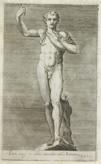 Sculpture of a faun, Fauni imago in aedibus cuiusdam nobilis Romani, Ancient sculptures in Rome, Antiquarum statuarum urbis Romae quae in publicis locis visuntur icones, print, album page, Caption in Latin. Print is part of an album., number: '33', printmaker, publisher, Rome, Italy, paper, engraving, height 221 mm x width 135 mm, This print is part of a set of 79 prints (title print) depicting ancient sculptures in Rome., piece of sculpture, reproduction of a piece of sculpture, satyrs, fauns, Sileni, A detailed engraved depiction of a nude male statue standing on a rocky base, shown from head to feet, with one arm raised and holding a short rod and the other arm bent across the chest holding a draped cloth, curly hair, defined musculature, and a small round wheel-like object positioned near the figure’s lower leg, all set against a horizontally lined background within a bordered rectangular frame.