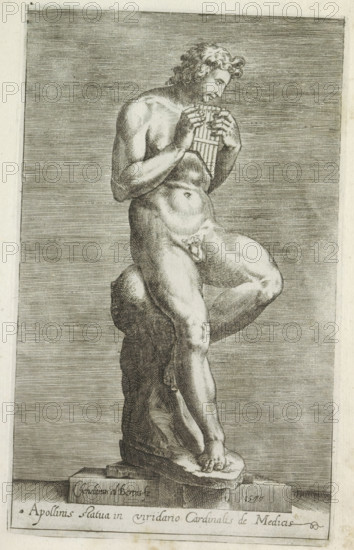 Apollinis statua in viridario cardinalis de Medicis, Sculpture of Apollo, Antiquarum statuarum urbis Romae quae in publicis locis visuntur icones, Ancient sculptures in Rome, print, album page, Caption in Latin. Print is part of an album., printmaker: Cherubino Alberti, Italy, publisher: Andrea Vaccari, Rome, 1577, paper, engraving, height 222 mm x width 136 mm, This print is part of a set of 79 prints (title print) depicting ancient sculptures in Rome., piece of sculpture, reproduction of a piece of sculpture, (story of) Apollo (Phoebus), A monochrome engraving of a nude male figure standing on a carved stone base, shown in three-quarter view with one leg raised and resting on a rock-like support, the other foot planted on the base; the figure has curly hair and is holding a pan flute to his mouth with both hands, gaze directed downward toward the instrument; musculature and anatomical details are rendered with fine crosshatching and shading, and the background consists of closely spa...