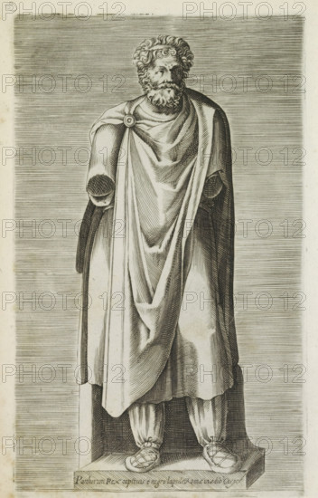 Parthorium rex captivis e nigro lapide Romae in aedib Cesys, Sculpture of a captive king, Antiquarum statuarum urbis Romae quae in publicis locis visuntur icones, Ancient sculptures in Rome, print, album page, Latin caption at the base of the image. Print is part of an album., number: '34', printmaker, publisher, Rome, Italy, paper, engraving, height 222 mm x width 136 mm, This print is part of a set of 79 prints (title print) depicting ancient sculptures in Rome., piece of sculpture, reproduction of a piece of sculpture, ruler, sovereign, A black and white engraved image of a standing male statue depicted from head to feet on a rectangular plinth, showing a bearded man with curly hair and a detailed facial expression, wearing a draped cloak fastened at one shoulder with a circular brooch and layered garments beneath, both arms missing at the shoulders leaving rounded stumps, long flowing folds and pleats in the clothing creating shading lines, wrapped footwear with straps and knotted ...