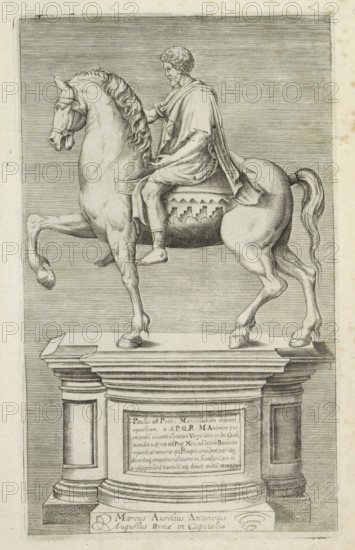 Equestrian statue of Marcus Aurelius, Ancient sculptures in Rome, Antiquarum statuarum urbis Romae quae in publicis locis visuntur icones, print, album page, The equestrian statue of Marcus Aurelius in Piazza del Campidoglio in Rome. Caption in Latin. Print is part of an album., number: '5', printmaker, publisher, Rome, Italy, paper, engraving, height 224 mm x width 144 mm, This print is part of a set of 79 prints (title print) depicting ancient sculptures in Rome., Person, Marcus Aurelius (Emperor of the Roman Empire), piece of sculpture, reproduction of a piece of sculpture, ruler, sovereign, equestrian state-portrait, A grayscale engraving shows a man seated on a rearing horse atop a stepped pedestal; the man wears a draped cloak and sandals and has short curly hair and a beard, his arm extended toward the horse's neck. The horse is shown in profile with a raised foreleg, a flowing mane and tail, and a decorative bridle and saddlecloth. The pedestal beneath them features architectur...