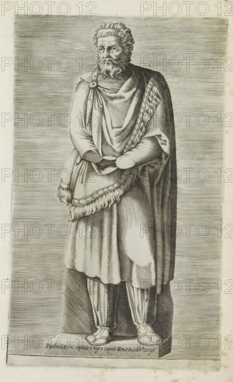 Parthoru rex captivis e nigro lapide Romae in aedib Cesys, Sculpture of a captive king, Antiquarum statuarum urbis Romae quae in publicis locis visuntur icones, Ancient sculptures in Rome, print, album page, Latin caption at the base of the image. Print is part of an album., number: '34', printmaker, publisher, Rome, Italy, paper, engraving, height 222 mm x width 134 mm, This print is part of a set of 79 prints (title print) depicting ancient sculptures in Rome., piece of sculpture, reproduction of a piece of sculpture, ruler, sovereign, A monochrome engraving shows a standing bearded man wearing layered draped robes fastened at one shoulder with a circular clasp, a fringed cloak over one arm, and a long tunic reaching toward his legs; his hair is curly and his beard is full, his hands are positioned in front of him with one arm partially covered by the cloak, and he stands on a rectangular plinth while wearing patterned leggings and closed shoes, all set against a background of closel...
