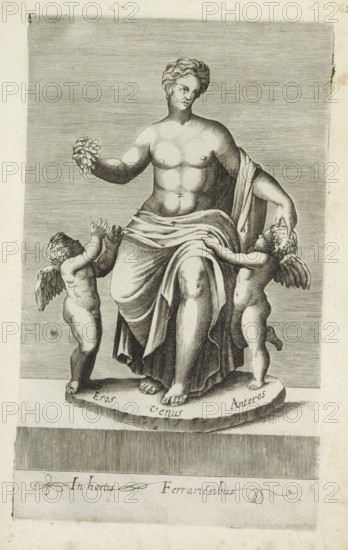 Sculpture group with Venus between Eros and Anteros, Ancient sculptures in Rome, Antiquarum statuarum urbis Romae quae in publicis locis visuntur icones, print, album page, Caption in Latin. Print is part of an album., number: '35', printmaker, publisher, Rome, Italy, paper, engraving, height 222 mm x width 134 mm, This print is part of a set of 79 prints (title print) depicting ancient sculptures in Rome., piece of sculpture, reproduction of a piece of sculpture, (story of) Venus (Aphrodite), Eros and Anteros, A seated classical female figure rendered in an engraving sits on a rounded plinth draped in a flowing cloth around her waist and over one shoulder, one bare arm extended holding a small cluster of rounded objects and the other arm resting toward a small winged child who reaches up and touches her thigh; two small winged children stand at her feet, one on each side, each depicted nude with curly hair and feathered wings, one reaching toward the object in her hand and the other l...