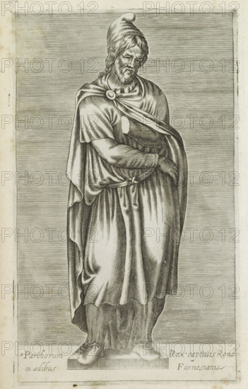 Sculpture of a barbarian prisoner, Parthorum rex captivis Romae in aedibus Farnesianis, Ancient sculptures in Rome, Antiquarum statuarum urbis Romae quae in publicis locis visuntur icones, print, album page, Caption in Latin. Print is part of an album., number: '36', printmaker, publisher, Rome, Italy, paper, engraving, height 222 mm x width 134 mm, This print is part of a set of 79 prints (title print) depicting ancient sculptures in Rome., piece of sculpture, reproduction of a piece of sculpture, prisoner of war (after the battle), A monochrome engraving of a standing bearded man wearing a pointed cap and draped garments, shown full length on a rectangular plinth. His head tilts slightly and his facial features show a beard and wavy hair. A cloak fastened at one shoulder drapes across his chest and around his arms, with folds and layered fabric falling to his sandals. One arm crosses his body beneath the cloak while the other rests near his waist, and a belt or tie gathers the robe a...