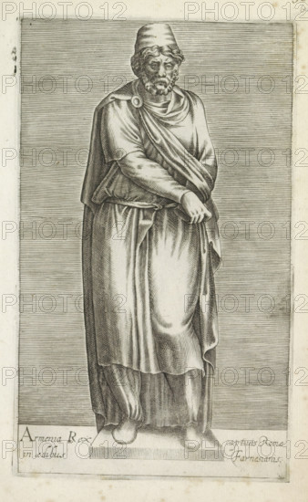 Armenia rex captivis Romae in aedibus Farnesianis, Sculpture of a barbarian prisoner, Antiquarum statuarum urbis Romae quae in publicis locis visuntur icones, Ancient sculptures in Rome, print, album page, Caption in Latin. Print is part of an album., number: '36', printmaker, publisher, Rome, Italy, paper, engraving, height 222 mm x width 134 mm, This print is part of a set of 79 prints (title print) depicting ancient sculptures in Rome., piece of sculpture, reproduction of a piece of sculpture, prisoner of war (after the battle), A monochrome engraving of a full-length statue of a robed male figure standing on a rectangular plinth, wearing a long draped garment with detailed folds and a cloak fastened at one shoulder, a hood or cap on his head, curly hair and a beard, one arm crossed over the front of his body with the hand resting near the waist while the other hand grasps the drapery, feet visible at the base with sandals, the background filled with closely spaced horizontal lines ...