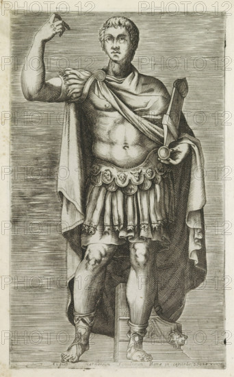 Sculpture of Emperor Augustus, Augusti marmoreum simulacrum Romae in Capitolio, Antiquarum statuarum urbis Romae quae in publicis locis visuntur icones, Ancient sculptures in Rome, print, album page, Caption in Latin. Print is part of an album., number: '37', printmaker, publisher, Rome, Italy, paper, engraving, height 222 mm x width 134 mm, This print is part of a set of 79 prints (title print) depicting ancient sculptures in Rome., Person, Augustus (emperor of the Roman Empire), piece of sculpture, reproduction of a piece of sculpture, (story of) Augustus, the Roman emperor, A black and white engraving of a standing male figure in classical armor and draped cloak, shown from head to feet on a lined background. The figure has short curled hair and a neutral facial expression, with one arm raised and the other holding a circular object near the waist. The torso is bare beneath a diagonally draped cloak fastened at one shoulder, and the waist is encircled by a decorated military skirt w...