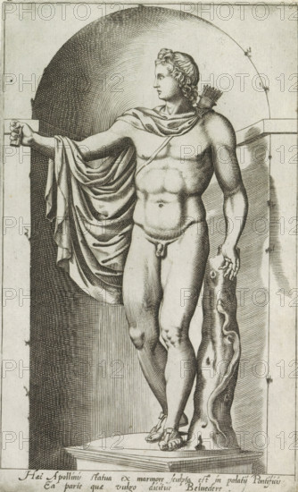 Haec Apollinis statua ex marmore sculpta est in palatij pontificis, Sculpture of Apollo, Apollo Belvedere, Ancient sculptures in Rome, Antiquarum statuarum urbis Romae quae in publicis locis visuntur icones, print, album page, Latin caption. Print is part of an album., number: '37', printmaker, publisher, Rome, Italy, paper, engraving, height 222 mm x width 134 mm, After an ancient statue in the Vatican Museums in Vatican City. This print is part of a set of 79 prints (title print) depicting ancient sculptures in Rome., piece of sculpture, reproduction of a piece of sculpture, (story of) Apollo (Phoebus), A black and white engraved image of a classical male statue standing on a plinth inside a recessed niche, shown in three-quarter profile facing left; the figure is nude except for a draped cloak over one shoulder and a quiver of arrows on his back, with curly hair and a relaxed contrapposto pose; one arm is extended to the left holding a small rectangular object while the other hand r...