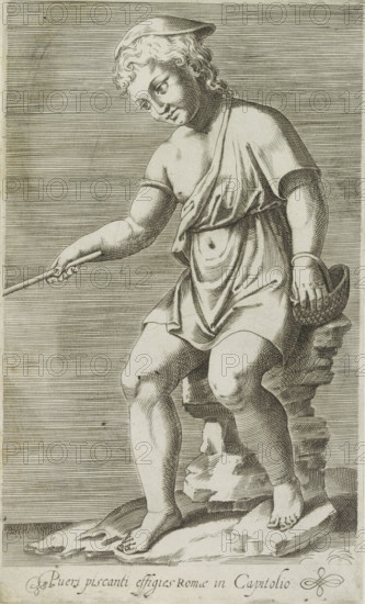 Pueri piscanti effigies Romae in Capitolio, Sculpture of a fishing boy, Ancient sculptures in Rome, Antiquarum statuarum urbis Romae quae in publicis locis visuntur icones, print, album page, Caption in Latin. Print is part of an album., number: '38', printmaker, publisher, Rome, Italy, paper, engraving, height 222 mm x width 134 mm, This print is part of a set of 79 prints (title print) depicting ancient sculptures in Rome., piece of sculpture, reproduction of a piece of sculpture, fisherman, A monochrome engraving of a seated young figure wearing a short draped garment and a small cap, shown in a three-quarter view with curly hair and a downward gaze, one arm extended holding a slender rod while the other hand rests on a shallow woven basket; the figure sits on a rough stacked stone support with bare feet on uneven ground, and the background is filled with closely spaced horizontal lines.