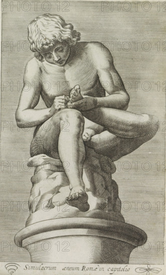 Simulacrum aeneum Romae in capitolo, Spinario, Sculpture of a boy with a thorn in his foot, Ancient sculptures in Rome, Antiquarum statuarum urbis Romae quae in publicis locis visuntur icones, print, album page, Caption in Latin. Print is part of an album., number: '38', printmaker, publisher, Rome, Italy, paper, engraving, height 222 mm x width 134 mm, After an ancient statue in the Capitoline Museums in Rome. This print is part of a set of 79 prints (title print) depicting ancient sculptures in Rome., piece of sculpture, reproduction of a piece of sculpture, 'Spinario', child pulling a thorn out of its foot, A monochrome engraving of a nude seated male figure on a carved pedestal, shown from a low frontal angle, with wavy hair and a downward gaze; one arm rests on the raised knee while the hands are holding and examining a foot, the legs are crossed and one foot projects forward, the figure sits on a textured rocky support atop a rounded base, and the background is filled with closel...