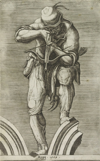 Hunter with a crossbow, Antiquarum statuarum urbis Romae quae in publicis locis visuntur icones, Ancient sculptures in Rome, print, album page, Print is part of an album., number: '39', printmaker: attributed to Orazio de Santis, Italy, publisher: Andrea Vaccari, Rome, 1579, 1584, Attributed to, paper, engraving, height 222 mm x width 141 mm, This print is part of a set of 79 prints (title print) depicting ancient sculptures in Rome., hunter, archer's weapons: crossbow, A monochrome engraving of a man wearing a rounded hat with a feather and a loose tunic, shown from the waist up to the feet while standing on a curved architectural element; he is leaning forward with a bowed head, gripping a small crossbow held vertically against his chest, and an arrow quiver is visible at his back; his muscular arms and legs are detailed with shading and linework, his clothing has folds and layered fabric, his footwear is laced and one foot rests on the curved element, and the background is filled wi...