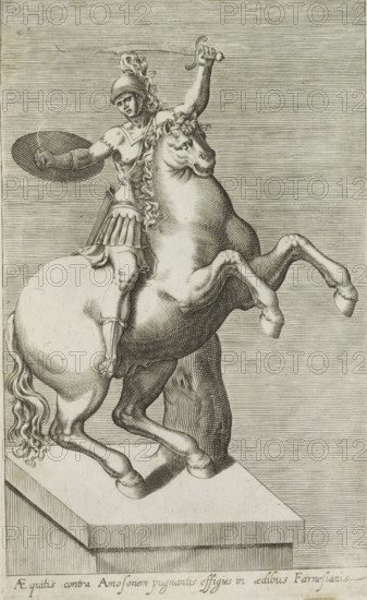 Sculpture of a Roman soldier on horseback, Aequitis contra amosonem, Antiquarum statuarum urbis Romae quae in publicis locis visuntur icones, Ancient sculptures in Rome, print, album page, Caption in Latin. Print is part of an album., number: '7', printmaker, publisher, Rome, Italy, paper, engraving, height 224 mm x width 144 mm, The sculpture is located in the Museo archeologico Nazionale di Napoli. This print is part of a set of 79 prints (title print) depicting ancient sculptures in Rome., piece of sculpture, reproduction of a piece of sculpture, the soldier, the soldier's life, A monochrome engraving showing a mounted warrior on a rearing horse, both positioned on a rectangular plinth. The warrior wears a helmet with a plume, a short tunic with decorative skirt, and a breastplate, and he holds a curved sword raised above his head in one hand and a round shield in the other. The horse has a flowing mane and tail and is depicted with its front legs lifted and its hind legs braced on ...