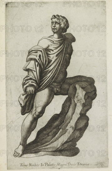 Sculpture of a son of Niobe, Filius Niobes in palatio magni ducis Etruriae, Antiquarum statuarum urbis Romae quae in publicis locis visuntur icones, Ancient sculptures in Rome, print, album page, Caption in Latin. Print is part of an album., number: '40', printmaker, publisher, Rome, Italy, paper, engraving, height 224 mm x width 135 mm, This print is part of a set of 79 prints (title print) depicting ancient sculptures in Rome., piece of sculpture, reproduction of a piece of sculpture, the sons of Niobe, who were mounting their horses, die by the darts of Apollo, An engraved figure of a youth stands with one leg bent and one foot resting on a rocky, undulating base, draped in flowing cloth that wraps over one shoulder and across the torso while a thick fold of fabric is gathered and held at the hip, the exposed limb showing detailed musculature and a bare foot, the face turned slightly upward with short curled hair and a contemplative expression, the scene rendered in fine parallel an...