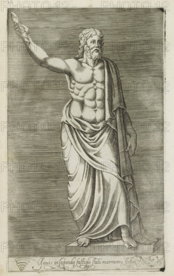 Sculpture of Jupiter, Jovis in Capitolij fastigio statis marmorea statue, Ancient sculptures in Rome, Antiquarum statuarum urbis Romae quae in publicis locis visuntur icones, print, album page, Caption in Latin. Print is part of an album., number: '41', printmaker, publisher, Rome, Italy, paper, engraving, height 224 mm x width 135 mm, This print is part of a set of 79 prints (title print) depicting ancient sculptures in Rome., piece of sculpture, reproduction of a piece of sculpture, (story of) Jupiter (Zeus), A monochrome engraving of a classical male statue shown from head to feet, standing on a rectangular plinth. The figure has curly hair and a beard and a muscular, torso with defined abs and chest. One arm is raised and holds a torchlike object, while the other arm hangs by the side beneath a draped cloak. The statue is partially draped in flowing cloth that wraps around the waist and falls in layered folds to the feet, which are sandal-clad and positioned on the plinth. The back...