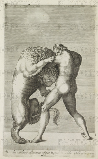 Sculpture of Hercules fighting the Nemean lion, Herculis cum leone colluitantis effigies Romae in aedibus Vallensibus, Ancient sculptures in Rome, Antiquarum statuarum urbis Romae quae in publicis locis visuntur icones, print, album page, Caption in Latin. Print is part of an album., number: '41', printmaker, publisher, Rome, Italy, paper, engraving, height 224 mm x width 135 mm, This print is part of a set of 79 prints (title print) depicting ancient sculptures in Rome., piece of sculpture, reproduction of a piece of sculpture, (1) Hercules chokes the Nemean lion with his arms, A detailed black and white engraving shows a muscular nude man wrestling with a large lion. The man is turned away from the viewer with his back, buttocks, and legs prominently visible, one foot planted on the ground and the other slightly raised on tiptoe. He grips the lion near its mane with both hands while the lion rears up on its hind legs, its front paws bent and claws visible. The lion’s head is close to...