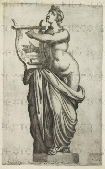 Sculpture of Apollo, Apollo opus timanlidis in aedibus Farnesianis, Antiquarum statuarum urbis Romae quae in publicis locis visuntur icones, Ancient sculptures in Rome, print, album page, Caption in Latin. Print is part of an album., number: '42', printmaker, publisher, Rome, Italy, paper, engraving, height 224 mm x width 135 mm, This print is part of a set of 79 prints (title print) depicting ancient sculptures in Rome., piece of sculpture, reproduction of a piece of sculpture, (story of) Apollo (Phoebus), attributes of Apollo, A monochrome engraving of a standing classical figure with a partially draped body, turned slightly to the side and looking upward, holding a lyre-like musical instrument against a vertical support; the figure has stylized curly hair, defined musculature, and a cloth wrapped around the lower body that falls in long, detailed folds to the base where sandal-clad feet rest on a rectangular plinth, all set against a plain textured background.