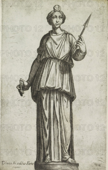 Sculpture of Diana, Diana in aedibus Farnesianis, Antiquarum statuarum urbis Romae quae in publicis locis visuntur icones, Ancient sculptures in Rome, print, album page, Caption in Latin. Print is part of an album., number: '42', printmaker, publisher, Rome, Italy, paper, engraving, height 224 mm x width 135 mm, This print is part of a set of 79 prints (title print) depicting ancient sculptures in Rome., piece of sculpture, reproduction of a piece of sculpture, (story of) Diana (Artemis), attributes of Diana, A monochrome engraving of a standing female figure wearing a long draped gown and cloak, shown full length on a plinth, with hair styled back and a circular ornament resting above the head; she holds a spearlike object upright in one hand and a small object held between fingers in the other, with detailed linear shading indicating folds in the fabric and crosshatching on the cloak and background.