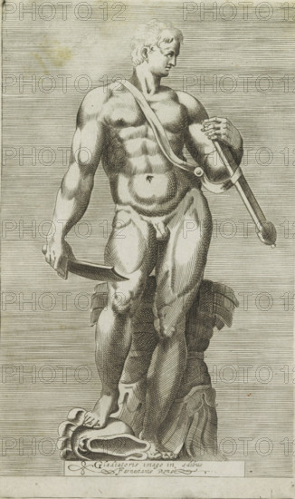Gladiatoris imago in aedibus Farnesianis Romae, Sculpture of a gladiator, Antiquarum statuarum urbis Romae quae in publicis locis visuntur icones, Ancient sculptures in Rome, print, album page, Caption in Latin. Print is part of an album., number: '43', printmaker, publisher, Rome, Italy, paper, engraving, height 224 mm x width 135 mm, This print is part of a set of 79 prints (title print) depicting ancient sculptures in Rome., piece of sculpture, reproduction of a piece of sculpture, fight of gladiators, A monochrome engraving of a nude male figure standing on a textured base, shown from head to toes, with a muscular torso and defined limbs; he looks to his side with short wavy hair and holds a curved blade in one hand while the other hand grips a long handled object resting against his shoulder and torso; a strap crosses his chest and a draped cloth hangs behind his legs; the background consists of closely spaced horizontal lines and the image has an aged paper appearance.