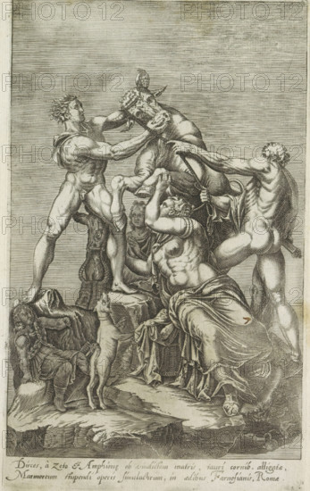 Sculpture of Dirce being tied to a bull, Farnese Bull, Dirces, à zeto et Amphione ob vindictam matris, Antiquarum statuarum urbis Romae quae in publicis locis visuntur icones, Antique sculptures in Rome, print, album page, Antique sculpture known as the Farnese Taurus. The brothers Amphion and Zethus tie Dirce's braided hair to the horns of a bull. Caption in Latin. Print is part of an album., number: '43', printmaker, publisher, Rome, Italy, paper, engraving, height 224 mm x width 135 mm, Print after the ancient sculpture known as the Farnese Bull in the Museo Archeologico Nazionale Napoli in Naples. This print is part of a set of 79 prints (title print) depicting ancient sculptures in Rome., piece of sculpture, reproduction of a piece of sculpture, Amphion and Zethus avenge their mother by tying Dirce to the horns of a bull, A monochrome engraving showing a group of muscular, partially draped and nude figures struggling with a bull; one figure on the left grips the bull by the head w...
