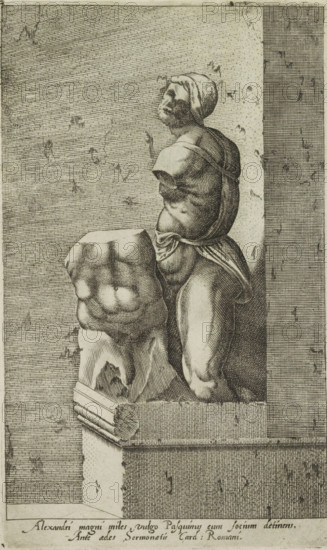 Sculpture of Pasquino, Alexandri magni miles, vulgo Pasquinus cum Focium detinens, Ancient sculptures in Rome, Antiquarum statuarum urbis Romae quae in publicis locis visuntur icones, print, album page, next to the Palazzo Braschi, one of the talking statues in Rome. Caption in Latin. Print is part of an album., number: '44', printmaker, publisher, Rome, Italy, paper, engraving, height 219 mm x width 131 mm, This print is part of a set of 79 prints (title print) depicting ancient sculptures in Rome., piece of sculpture, reproduction of a piece of sculpture, communication by means of 'statue parlanti', such as Marforio and Pasquino in Rome, A monochrome engraving showing a sculpted male torso and separate carved headless torso placed on a ledge against a textured wall, the standing torso viewed in three-quarter profile with a turned head wearing a head covering and a draped cloth around the waist, the muscles and contours rendered with cross-hatching, the detached torso in front display...