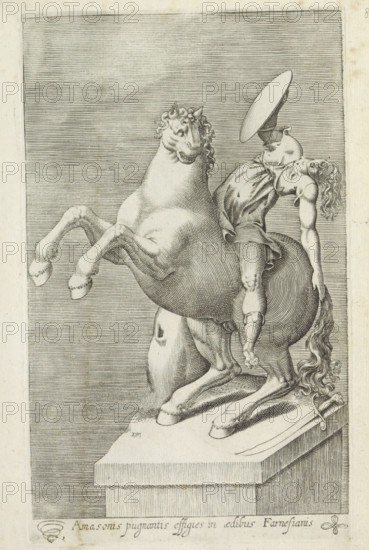 Amasonis pugnantis effigies in aedibus Farnesianis, Sculpture of an Amazon on horseback, Ancient sculptures in Rome, Antiquarum statuarum urbis Romae quae in publicis locis visuntur icones, print, album page, Caption in Latin. Print is part of an album., number: '7', printmaker, publisher, Rome, Italy, paper, engraving, height 224 mm x width 144 mm, The image is located in the Museo archeologico Nazionale di Napoli. This print is part of a set of 79 prints (title print) depicting ancient sculptures in Rome., piece of sculpture, reproduction of a piece of sculpture, (story of) the Amazons, A detailed line engraving shows a rearing horse with a muscular body, curled mane, and lifted front legs, standing on a raised rectangular plinth; a partially reclined armored figure sits astride the horse's hindquarters with one arm extended backward and the head tilted back, long wavy hair falling down, and a circular shield held above the torso; the background is filled with closely spaced horizont...