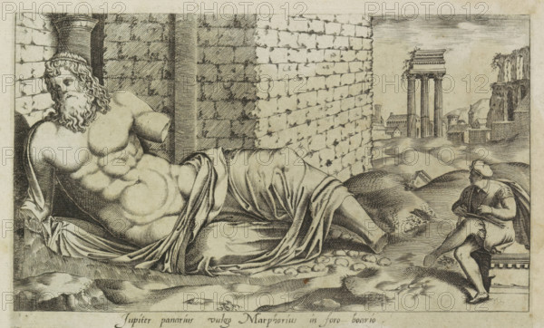Sculpture of Marforio, Jupiter panarius vulgo Marphorius in foro boario, Ancient sculptures in Rome, Antiquarum statuarum urbis Romae quae in publicis locis visuntur icones, print, album page, one of the talking statues in Rome. Caption in Latin. Print is part of an album., number: '44', printmaker, publisher, Rome, Italy, paper, engraving, height 134 mm x width 220 mm, This print is part of a set of 79 prints (title print) depicting ancient sculptures in Rome., piece of sculpture, reproduction of a piece of sculpture, communication by means of 'statue parlanti', such as Marforio and Pasquino in Rome, Forum Romanum, A large reclining male figure with curly hair and a beard lies against a stone wall and column, his muscular torso partially covered by draped cloth, while a smaller seated figure wearing a cap and cloak sits on a block facing him; the scene includes a textured ground with rounded shapes, a distant architectural grouping of tall columned ruins and smaller buildings, and ver...