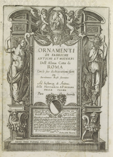Title print with allegorical figures and putti, Ornamenti di fabriche antichi et moderni dell' alma citta di Roma, Modern and ancient monuments and buildings in Rome, print, album page, title print, Print is part of an album., number: '45', printmaker: Giovanni Maggi, Rome, after drawing by Giovanni Maggi, publisher: Andrea Vaccari, Italy, grantor of privilege: Papal Court, Vatican City, dedicated by: Andrea Vaccari, dedicated to: Amerigo Capponi, 1576 - 1618, 1600, Giovanni Maggi, Andrea Vaccari, Papal Court, Amerigo Capponi, printmaker, after drawing by, publisher, grantor of privilege, paper, etching, height 215 mm x width 157 mm, Title print with a series of 20 prints., cupids: 'amores', 'amoretti', 'putti', ornaments, art, A detailed engraved architectural frame fills the image, with two classical figures standing on either side holding long staffs, draped garments and flowing hair, and a central rectangular panel topped by a decorative mask and flanked by draped fabric and winged...